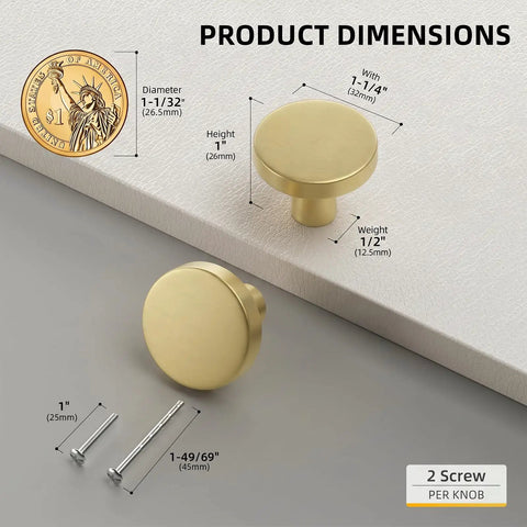 Gold Cabinet Knobs Brushed Brass Round Dresser Drawer Knobs For Closets And Doors Pack Of 15 With Two Standard Screws Zinc