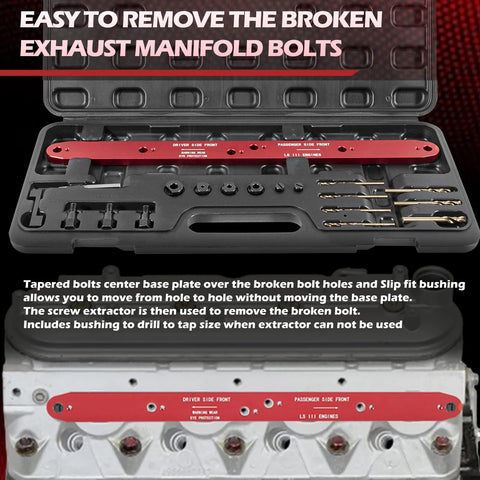 Manifold drill template kit for GM/Chevy LS engines with red metal template and drill-bit set in case