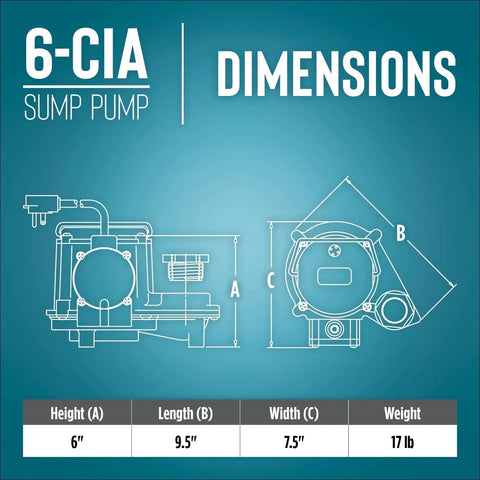 Automatic Submersible Sump Pump 115 Volt 1/3 HP Cast Iron, 2760 GPH With Integral Diaphragm Switch dimensions chart