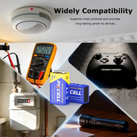 Heavy Duty 9V Batteries 10 Pack Carbon Zinc Power Cells with smoke detector, multimeter, and flashlight for home safety.