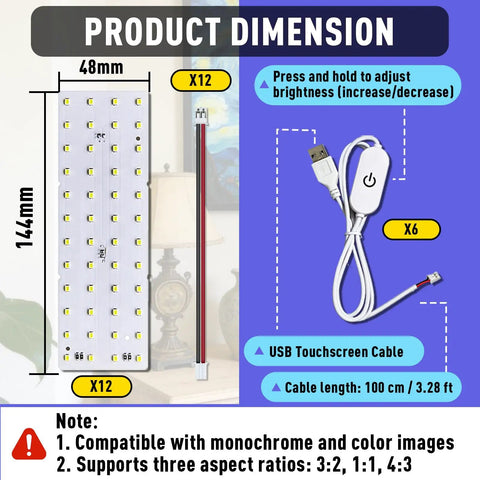 12 Piece Lit Lithophane LED Backlight Kit With Smart Control product dimensions and USB cable details