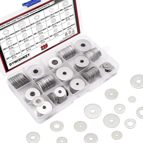 DYWISHKEY stainless steel fender washer set, 220 pcs, 15 sizes (M3–M12) in a clear plastic case