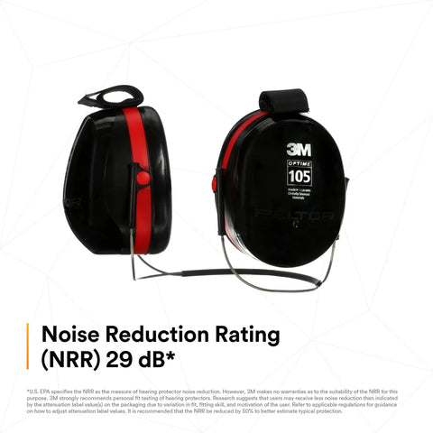 Optime 105 Behind The Head Earmuffs For Industrial Use NRR 27 To 30 dB, black and red with stainless steel band