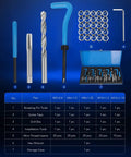 Thread Repair Kit 131Pcs Set With Metric Wire Inserts Taps Drills And Wrench For M5 M6 M8 M10 Screw Hole Repair Storage Box Included DIY Friendly Heavy Duty Repair Tools displayed with inserts, tools, and storage box