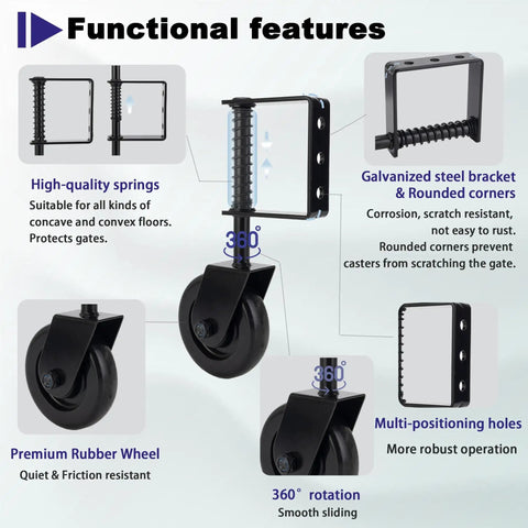 Heavy Duty Gate Wheel 4.3 Inch Spring Loaded For Wood Metal And Fence Gates TPR Rubber And Precision Bearings Dual Rust Protection 2 Pack features and specifications