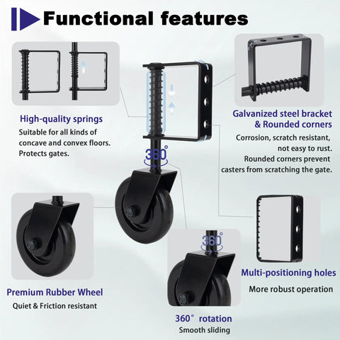Heavy Duty 4.3 Inch Gate Wheel With Spring Loaded 360 Degree Swivel Rubber Roller For Barn And Wooden Gates Rust Resistant Outdoor Caster features springs and rubber wheel.