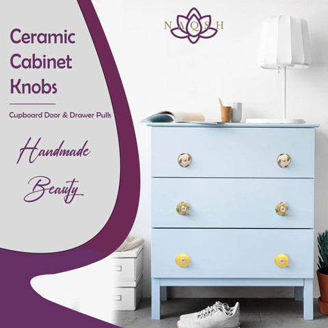Fresh Ceramic Kitchen Cabinet Knobs And Dope Drawer Pulls For A Total Home Vibe Upgrade Pack Of Twelve ceramic knobs on blue dresser.