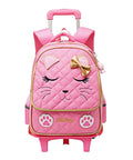 Front view of pink Girls Rolling Backpack Trolley School Bag with cat face, bowknot, and reflective strip for kids 1st to 3rd grade.