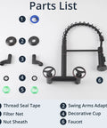 Parts list for Brushed Nickel Wall Mount Kitchen Faucet With Pull Down Sprayer, showing components including thread seal tape and faucet.