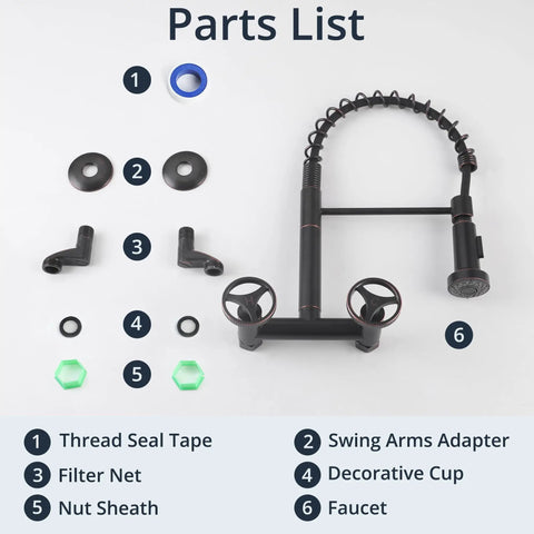 Parts list for Brushed Nickel Wall Mount Kitchen Faucet With Pull Down Sprayer, showing components including thread seal tape and faucet.