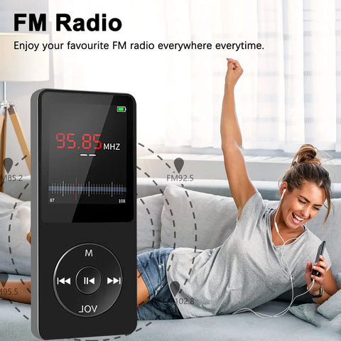 Woman enjoying FM radio feature on Pocket Size 32GB Bluetooth MP3 Player With Dope HiFi Sound, 1.8 Inch Color Display, headphones on.