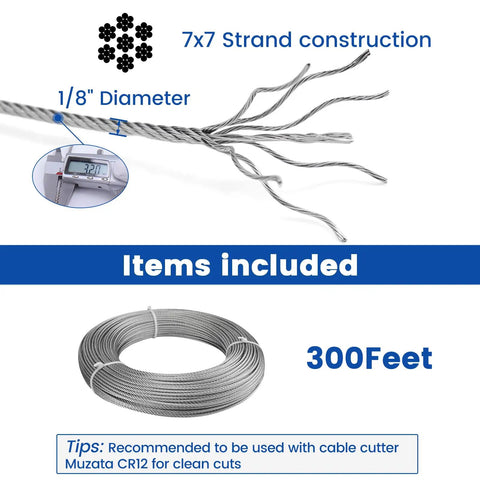 Durable 150 Ft 1/8 Inch Stainless Steel Cable Railing Kit With 7x7 Wire Rope shown in spiral form and detail