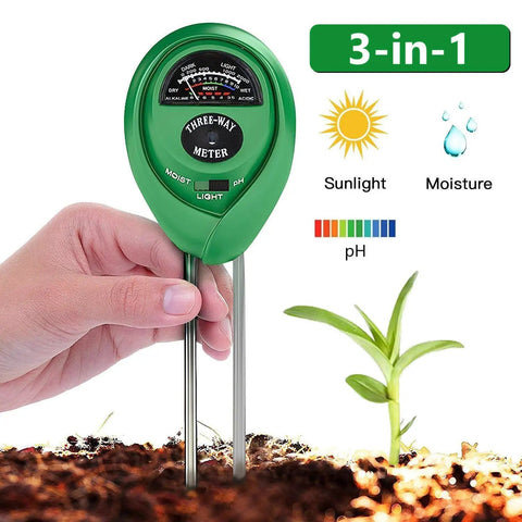 Hand holding 3 In 1 Soil Moisture Light And pH Tester No Battery Needed For Indoor Outdoor Gardens Lawns Farms Home Gardeners Kit