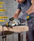 Man using Beast Mini Circular Saw With 5.8 Amp Motor, 4-1/2 Inch Blade Kit and Laser Guide on wood