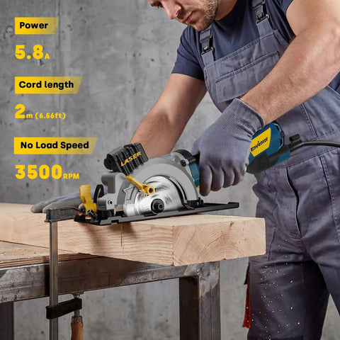 Man using Beast Mini Circular Saw With 5.8 Amp Motor, 4-1/2 Inch Blade Kit and Laser Guide on wood