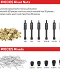 60 rivet nuts, 6 mandrels, 50 pieces rivets, part of 3 In 1 Do It All Rivet Nut Tool Kit For Quick Fixes and field repairs.