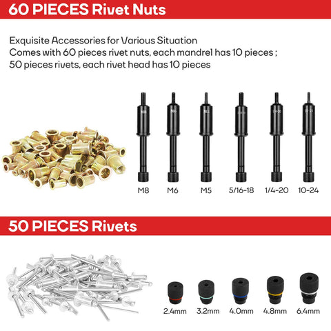 60 rivet nuts, 6 mandrels, 50 pieces rivets, part of 3 In 1 Do It All Rivet Nut Tool Kit For Quick Fixes and field repairs.