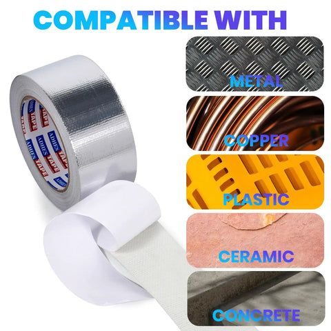 Aluminum Foil Tape Heat Resistant 80C To 100C 50mm By 64m 30 Roll Set showing compatibility with metal, copper, plastic, ceramic, concrete.