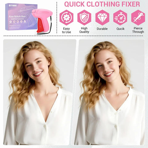 Top Notch Handheld Quick Stitch Gun For Clothes And Denim Your No Sweat Sewing And Hemming Fixer Set With Durable Fasteners And Pin Sharp Needles displayed with a smiling model.
