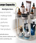 Rotating Makeup Organizer 2 Tier Lazy Susan Trays holding skincare bottles on vanity countertop, large capacity, clear, 360 degree spin.