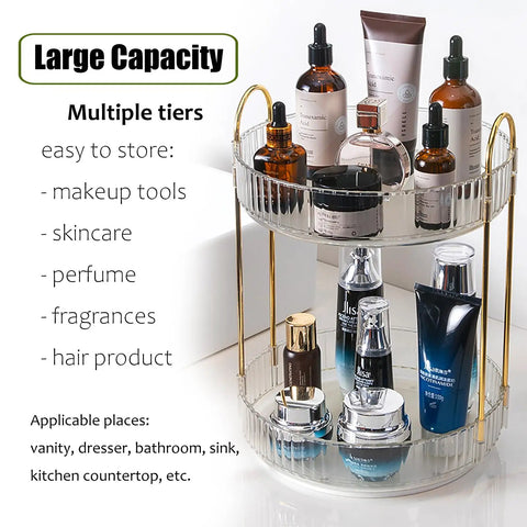 Rotating Makeup Organizer 2 Tier Lazy Susan Trays holding skincare bottles on vanity countertop, large capacity, clear, 360 degree spin.