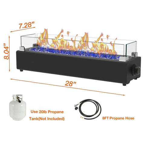 28 Inch Tabletop Propane Fire Pit With 40,000 BTU, Portable Outdoor Rectangular Fire Bowl, Wind Glass Shield, Propane Hose View
