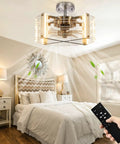 Ceiling Fan With Lights And Remote, 4-Light LED Chandelier Fandelier in bedroom, person using remote, quiet and energy efficient