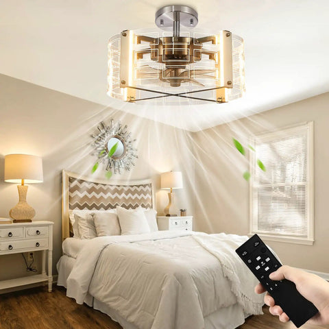 Ceiling Fan With Lights And Remote, 4-Light LED Chandelier Fandelier in bedroom, person using remote, quiet and energy efficient