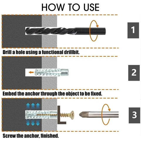 Heavy Duty Wall Anchor Kit With Self Drilling Screws, Serrated Steel Drywall Anchors, Yellow Zinc Plated Carbon Steel, No Prep Install, 200 Sets For Secure Shelving And Mounts. how-to-use drill, insert anchor, fasten screw