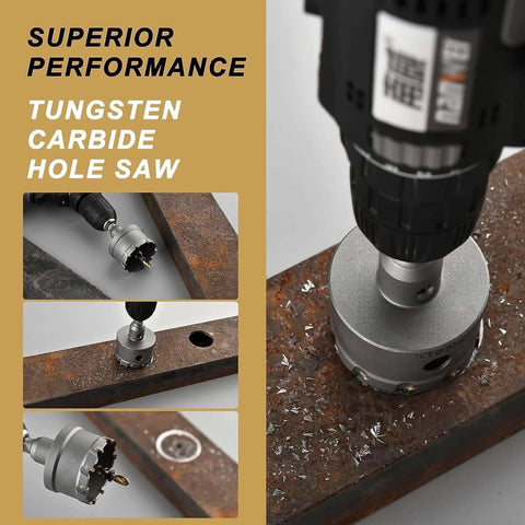 2-inch tungsten carbide hole saw kit with titanium-plated pilot bit for hard metals, installed on a drill.