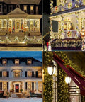 Houses adorned with 2 Pack Solar String Lights 132Ft Of Warm White LED Fairy Lights, 400 LED Total, showcasing festive decor