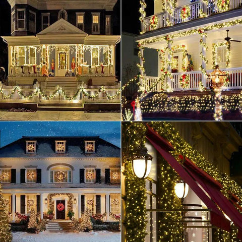 Houses adorned with 2 Pack Solar String Lights 132Ft Of Warm White LED Fairy Lights, 400 LED Total, showcasing festive decor