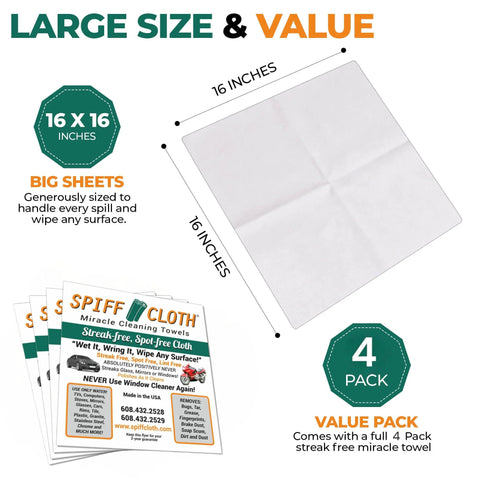 Spiff Cloth Miracle Cleaning Towels, 4-pack, 16x16 inch reusable cloths, streak-free cleaning with water