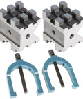 Beefy Four Piece V Block Set With Clamps In Wooden Case For Real World Machining Pro Grade Hardened Steel Two And Three Eighths By Two And Three Quarters By Two Inches HRC Fifty Eight To Sixty with clamps