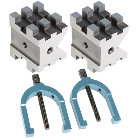 Beefy Four Piece V Block Set With Clamps In Wooden Case For Real World Machining Pro Grade Hardened Steel Two And Three Eighths By Two And Three Quarters By Two Inches HRC Fifty Eight To Sixty with clamps
