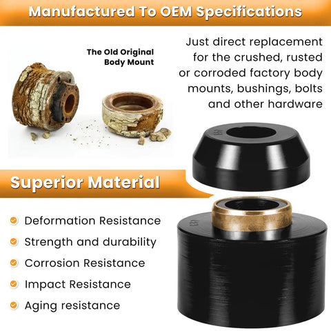 Ford Body Mount Bushing Set Kit For 1980 1998 F150 F250 F350 2WD 4WD Polyurethane Body Cab Mounts With Steel Sleeves And Hardware Black Direct Replacement For Beefed Up Ride Comfort And Reduced Vibration On Heavy Duty Trucks. black polyurethane body mount bushing with steel sleeve and worn original mount