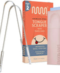 Stainless Steel Tongue Scraper For Adults 2 Pack With Multicolor Travel Case displayed with packaging and cases.