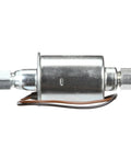 Universal Inline Diesel Fuel Pump For 12V Systems With OE Quality Durability And Extreme Temperature Tolerance From Minus 32 Celsius To Plus 65 Celsius Built For Heavy Duty Use And Beefed Up Aftermarket Replacement For Reliable Fuel Delivery - side view of metal pump.