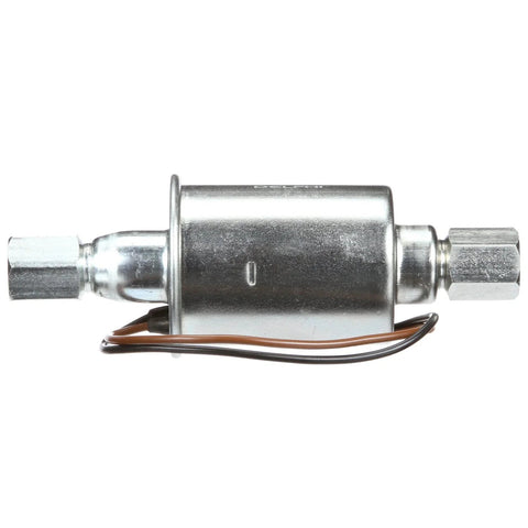 Universal Inline Diesel Fuel Pump For 12V Systems With OE Quality Durability And Extreme Temperature Tolerance From Minus 32 Celsius To Plus 65 Celsius Built For Heavy Duty Use And Beefed Up Aftermarket Replacement For Reliable Fuel Delivery - side view of metal pump.