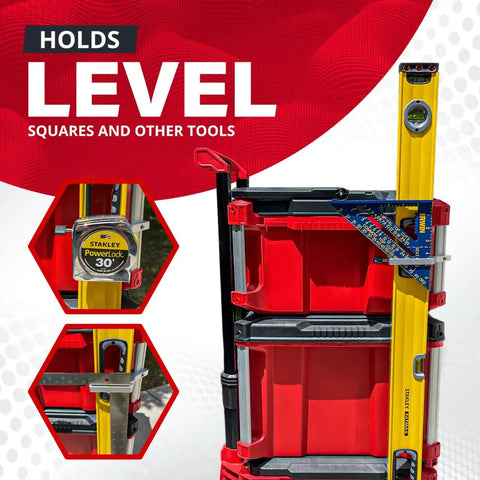 Level Mount Holder For Packout Tool Boxes And Organizers Compatible With All Aluminum Rail Packout Systems Safely Holds Levels Up To 2.8 Inches Wide By 1.5 Inches Deep Includes Set Screws Left Side Mount Upgrade on tool boxes