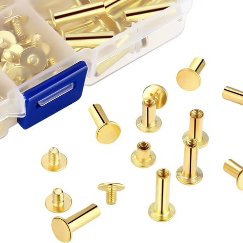 80 Sets Chicago Screw Leather Kit for DIY Crafts, assorted gold finish binding screws with posts and bases for bookbinding and repairs