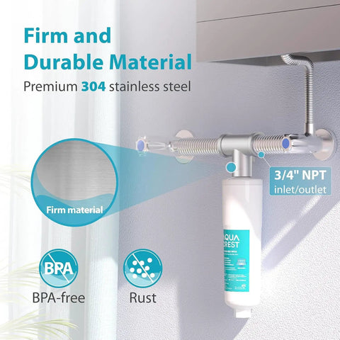 Whole House Scale Inhibitor Inline Water System With Food Grade Polyphosphate showing 3/4 NPT inlet/outlet and BPA-free material