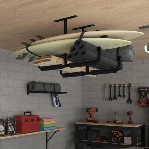 Installed 4 Pack Overhead Garage Storage Hooks 17 Inch Heavy Duty Ceiling Mount Hangers Double T Bar Metal Ladder Racks