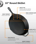 10 inch round skillet with features like pour spouts and assist handle shown, not the 12 Inch Round Large Preseasoned Cast Iron Skillet Ready To Use Right Out Of The Box With Superior Heat Retention For Even Cooking Makes Camping And Outdoor Cooking A Breeze This Heavy Duty Skillet Is A Go To Kitchen Essential.