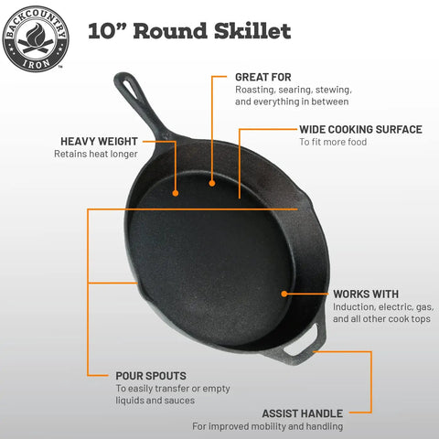 10 inch round skillet with features like pour spouts and assist handle shown, not the 12 Inch Round Large Preseasoned Cast Iron Skillet Ready To Use Right Out Of The Box With Superior Heat Retention For Even Cooking Makes Camping And Outdoor Cooking A Breeze This Heavy Duty Skillet Is A Go To Kitchen Essential.