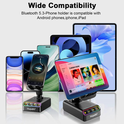 Go To All In One Adjustable Phone Stand With Wireless Induction Bluetooth Speaker HD Surround Sound And RGB Rhythm Lights displaying phones and tablets