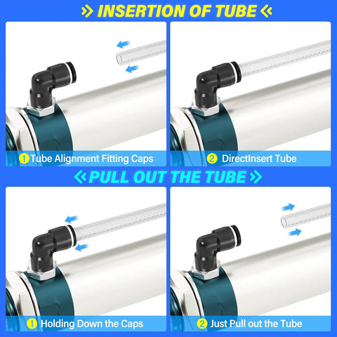 Reinforced Polyurethane Air Tube 12mm OD 10 Meters installation and removal instructions, showing tube connections and fittings.
