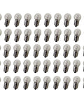 50 Pack Of Premium E10 Mini Screw Base Light Bulbs Running On 1.5V Dc To Deliver Smooth Warm White Glow, shown in clear arrangement.