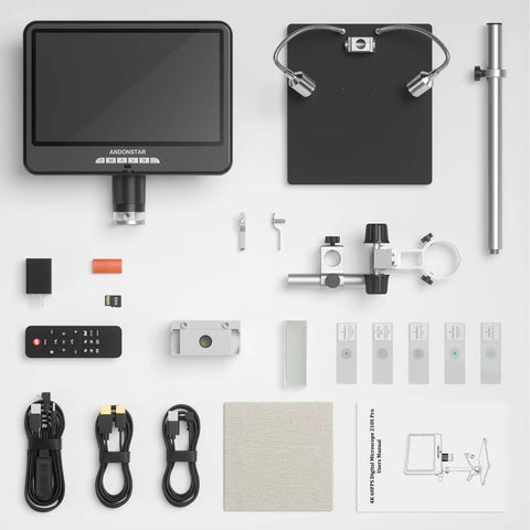 4K 60FPS HDMI Digital Microscope With 10.1 Inch Screen For Soldering And Coin Work Real Time Live View Pro Grade Picture Quality And Built In Microphone For Audio And 4K Video, with screen, stand, cables, and accessories laid out