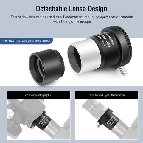 2X Barlow Lens Upgrade For 1.25 Inch Eyepieces All Metal CNC Black Anodized Telescope Accessory With M42 Thread And Filter Thread